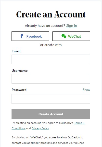 GoDaddy sign up with Wechat