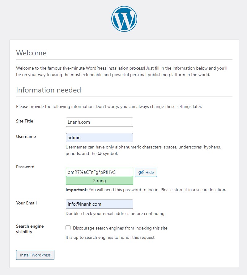 Install WordPress Step 5