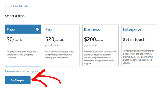 Select Cloudflare free plan